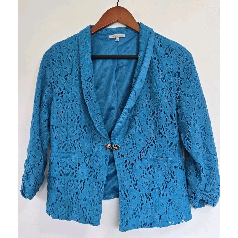 Charlotte Russe Blazer Womens L Blue Jacket Floral Sheer Boho Cottagecore Y2K
